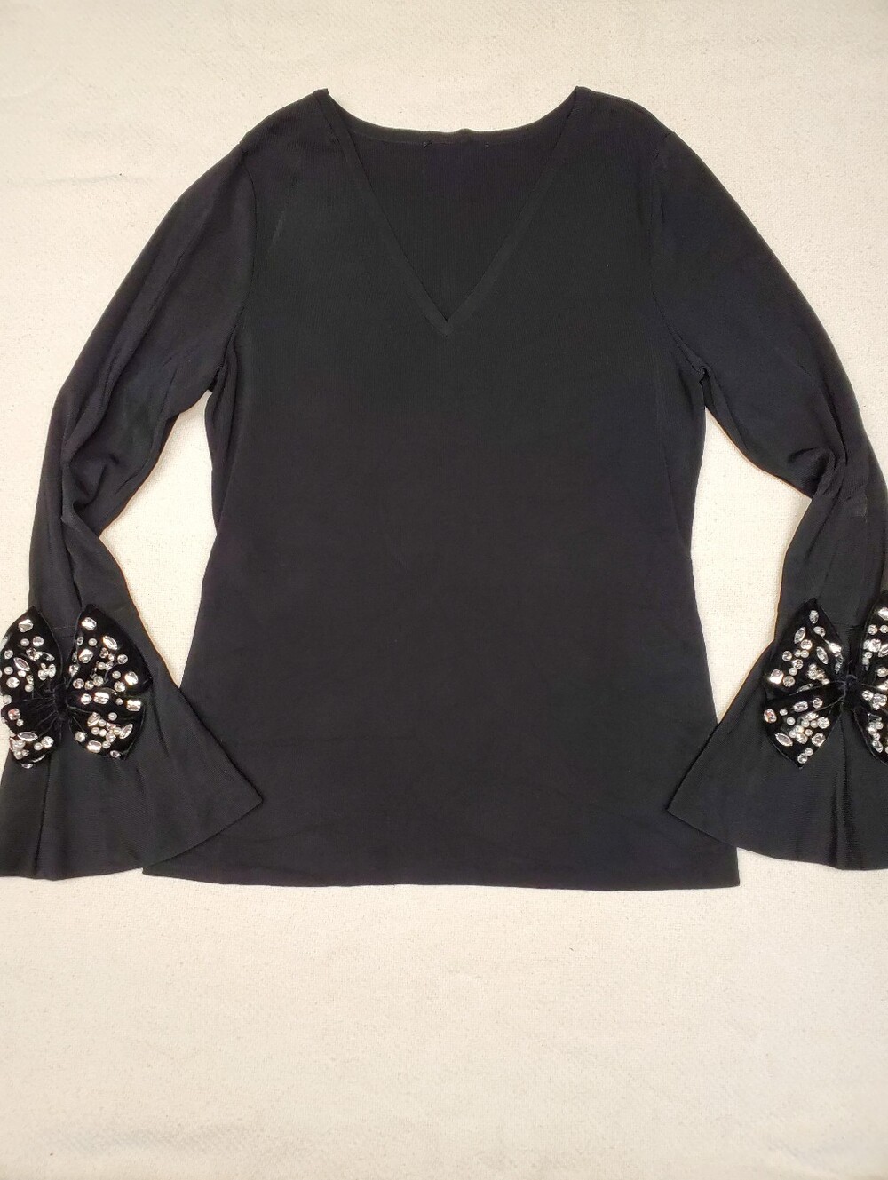 Black Knit V-Neck Top Rhinestone Pearl Butterfly Velvet Cuff Statement Sleeve